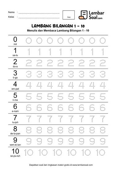 Gambar Soal Menulis, Membaca dan Menebalkan Lambang Bilangan 1 - 10