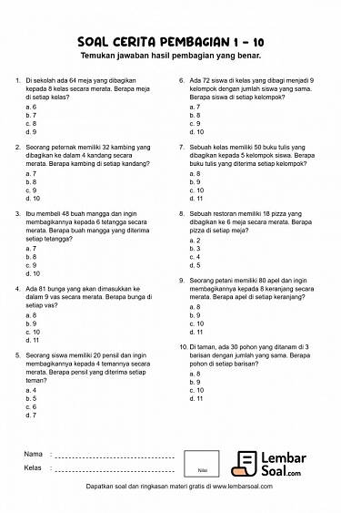 Gambar Soal Cerita Pembagian 1 - 10