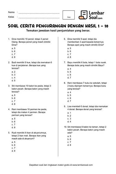 Gambar Soal Cerita Pengurangan dengan Hasil 1 - 10