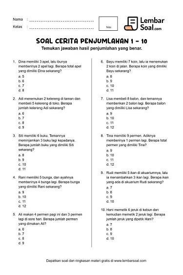 Gambar Soal Cerita Penjumlahan 1 - 10