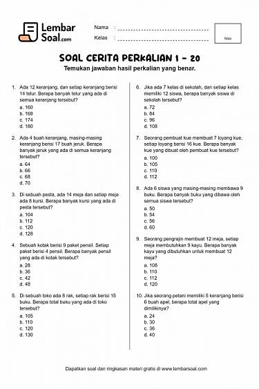 Gambar Soal Cerita Perkalian 1 - 20