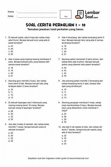 Gambar Soal Cerita Perkalian 1 - 10