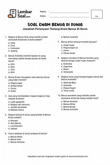 Gambar Soal Enam Benua Di Dunia