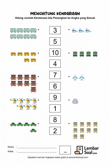 Gambar Soal Hitung Kendaraan dan Memasangkan ke Angka yang Sesuai
