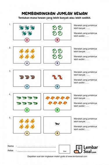 Gambar Soal Mana Jumlah Hewan yang  Lebih Banyak atau Sedikit