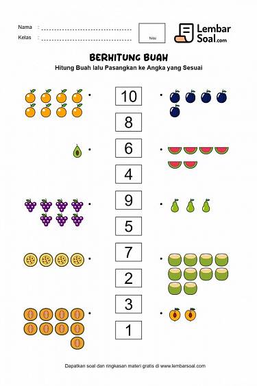 Gambar Soal Memasangkan Jumlah Buah ke Angka yang Sesuai