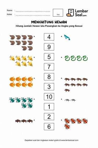 Gambar Soal Memasangkan Jumlah Hewan ke Lambang Bilangan yang Sesuai