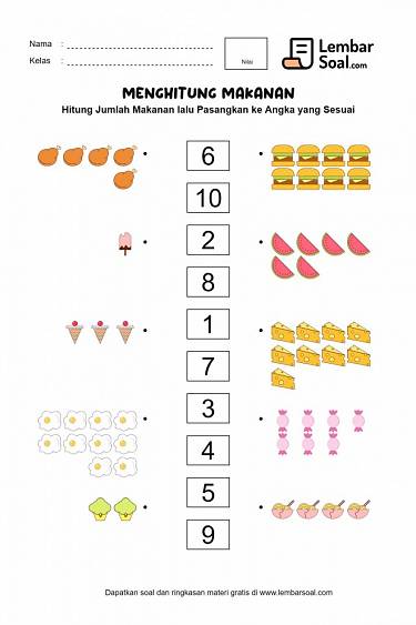Gambar Soal Menghitung Makanan dan Memasangkan ke Angka yang Sesuai