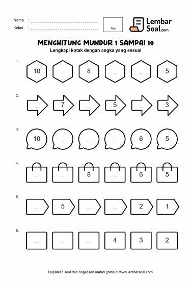 Gambar Soal Menghitung Mundur Angka 1 sampai 10