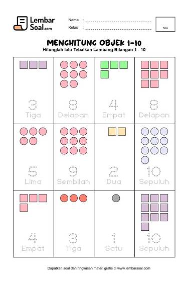 Gambar Soal Menghitung Objek dan Menebalkan Angka 1-10