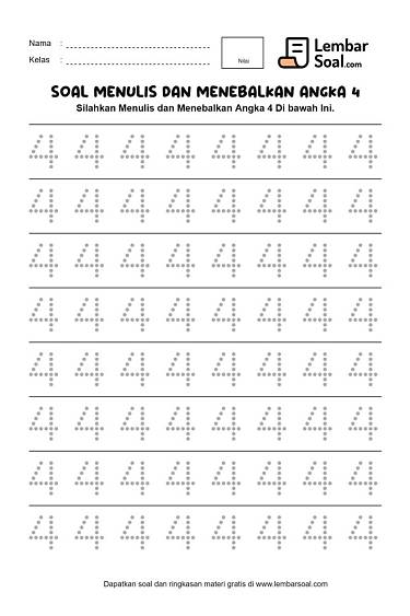 Gambar Soal Menulis dan Menebalkan Angka 4