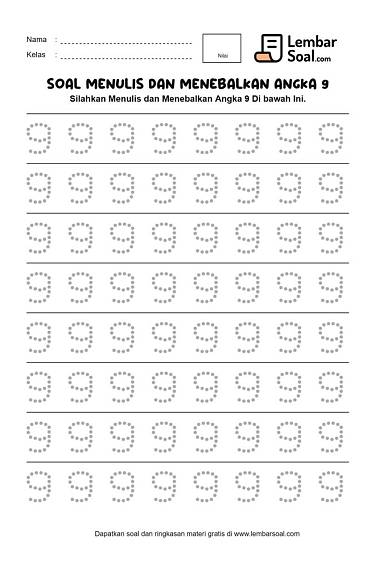 Gambar Soal Menulis dan Menebalkan Angka 9