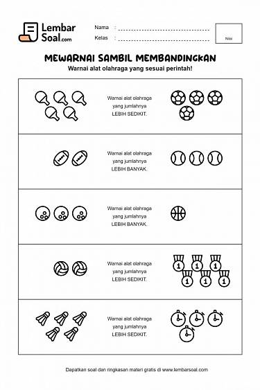 Gambar Soal Mewarnai dan Membandingkan Jumlah Alat Olahraga