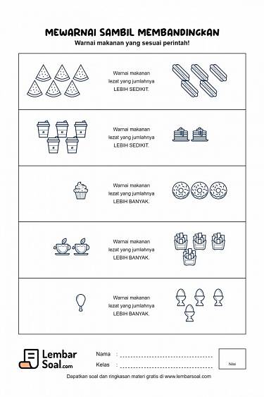 Gambar Soal Mewarnai dan Membandingkan Jumlah Makanan Lezat