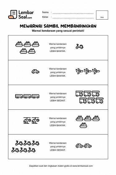 Gambar Soal Mewarnai Kendaraan yang Lebih Banyak/Sedikit