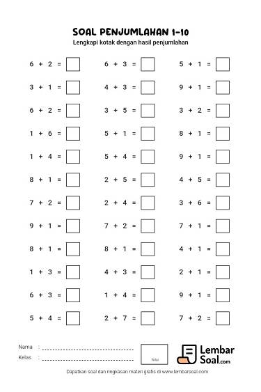 Gambar Soal Penjumlahan 1-10