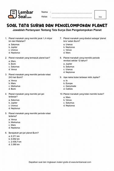 Gambar Soal Tata Surya Dan Pengelompokan Planet