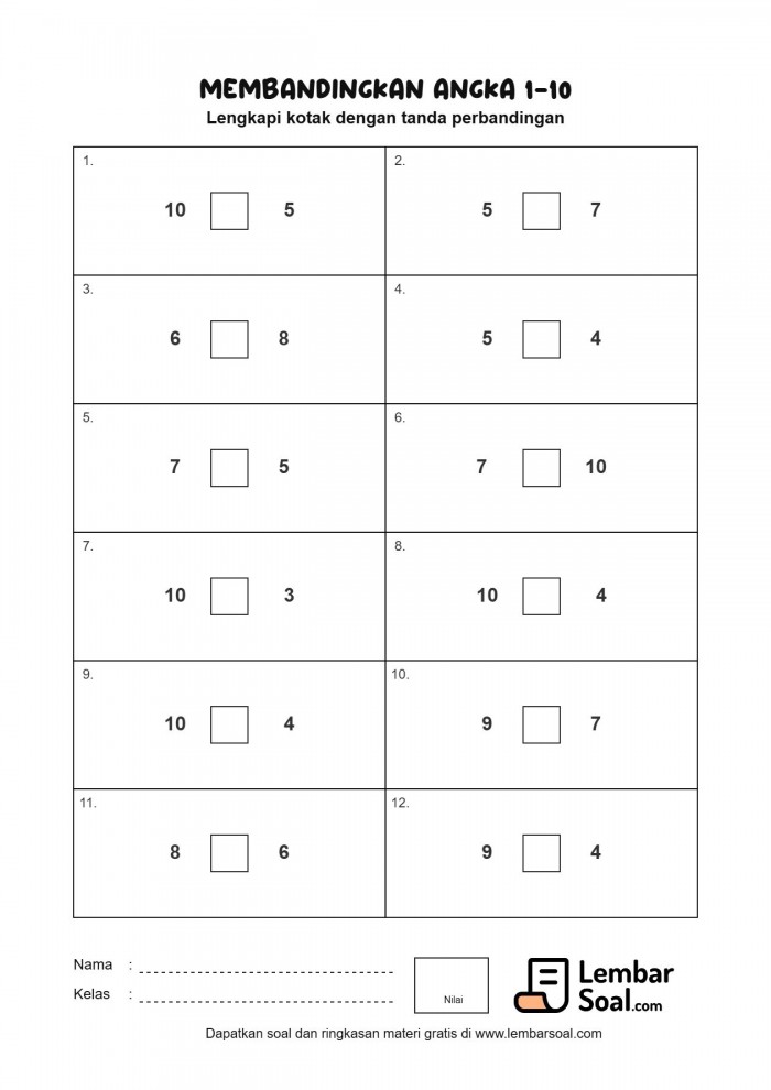 Gambar Latihan Soal Membandingkan Angka 1-10