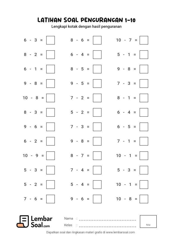 Gambar Latihan Soal Pengurangan 1-10