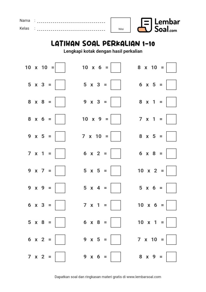 Gambar Latihan Soal Perkalian 1-10