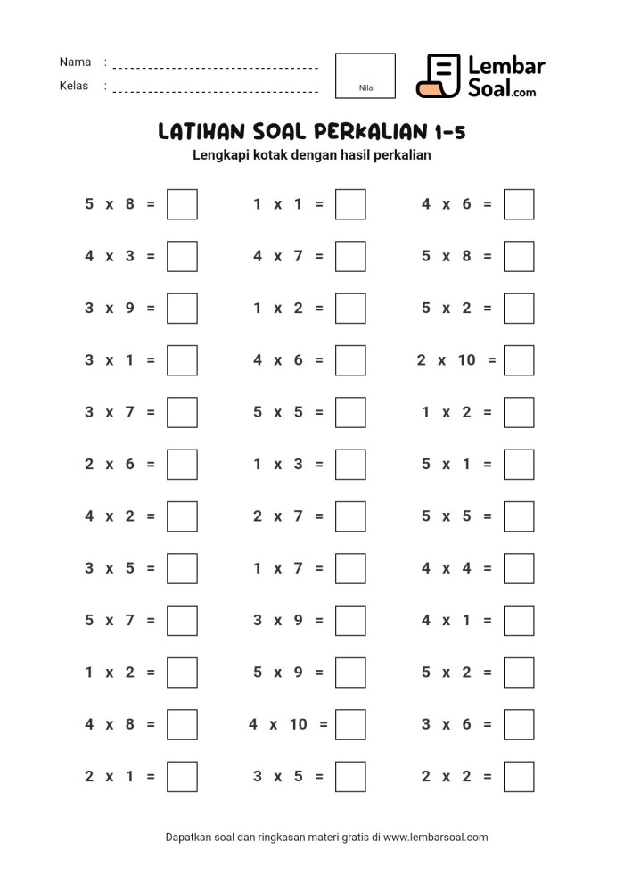 Gambar Latihan Soal Perkalian 1-5