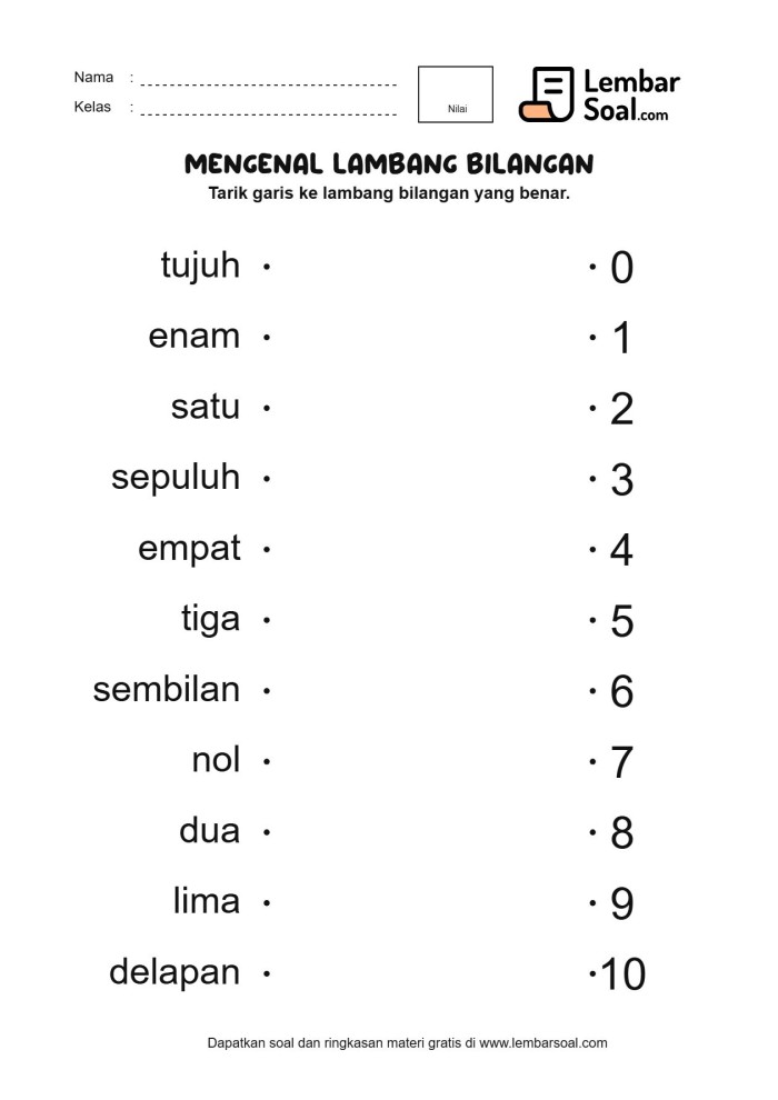 Gambar Soal Memasangkan Nama dengan Lambang Bilangannya