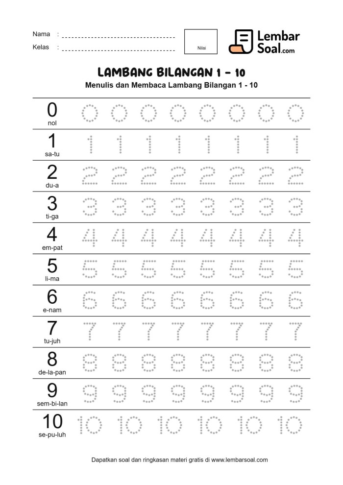 Gambar Soal Menulis, Membaca dan Menebalkan Lambang Bilangan 1 - 10