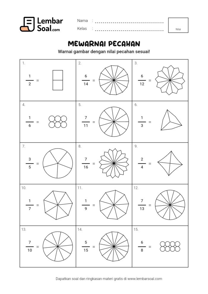 Gambar Soal Mewarnai Pecahan