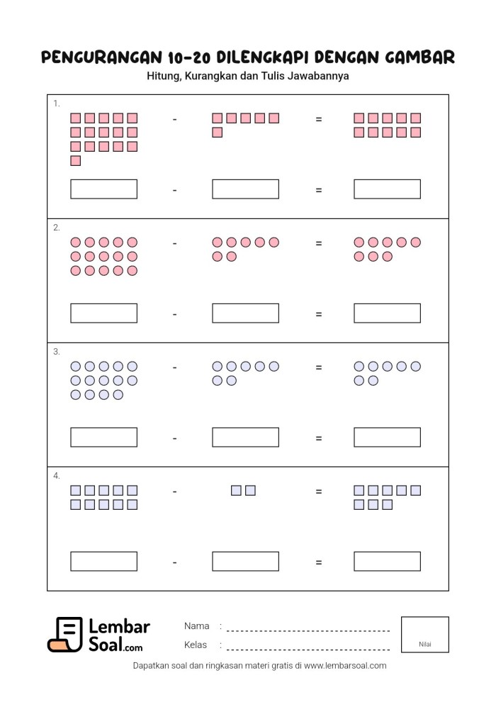 Gambar Soal Pengurangan 10-20 Dilengkapi dengan Gambar
