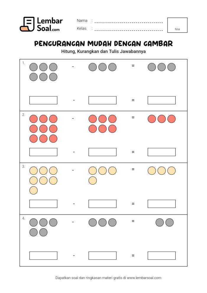 Gambar Soal Pengurangan Mudah Dengan Gambar