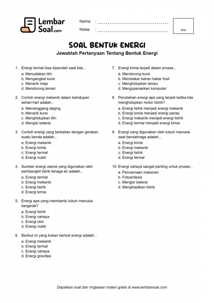 Gambar Soal Bentuk Energi