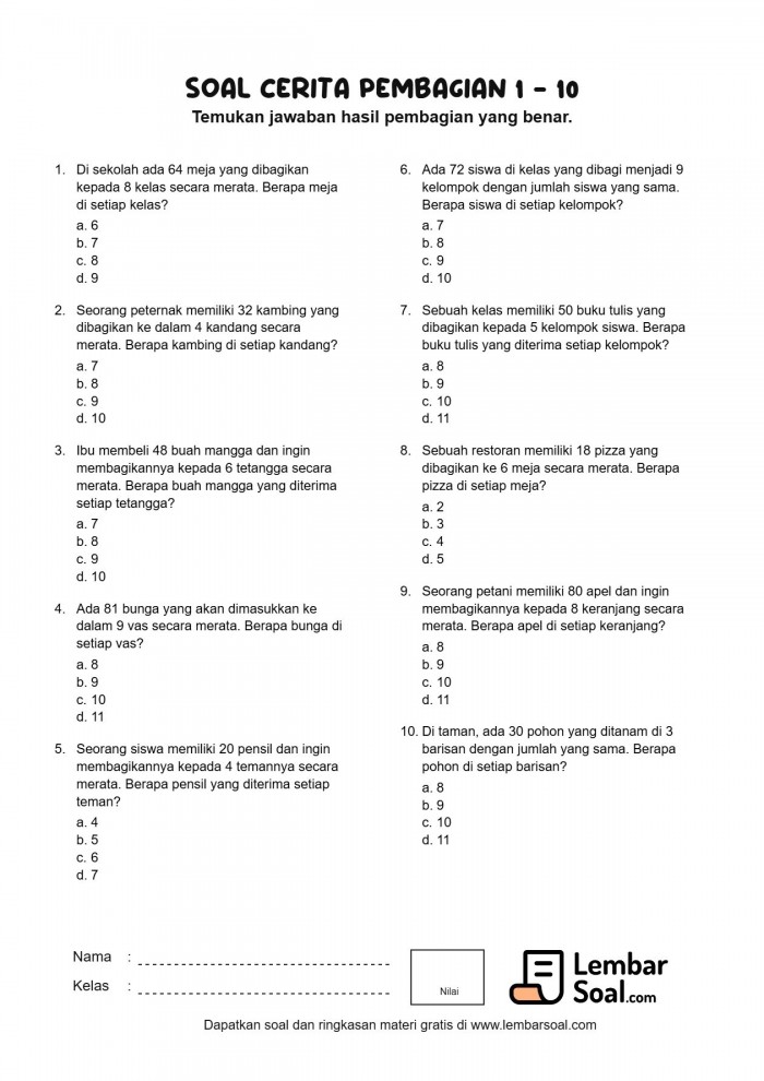 Gambar Soal Cerita Pembagian 1 - 10