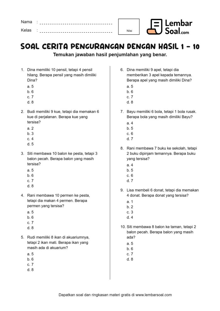 Gambar Soal Cerita Pengurangan dengan Hasil 1 - 10