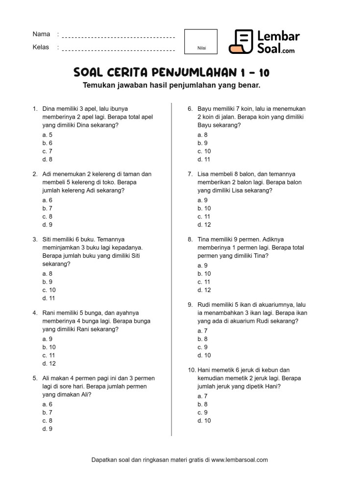 Gambar Soal Cerita Penjumlahan 1 - 10
