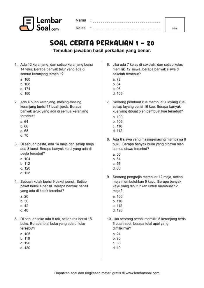 Gambar Soal Cerita Perkalian 1 - 20