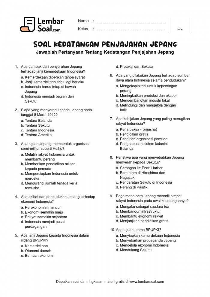 Gambar Soal Kedatangan Penjajahan Jepang