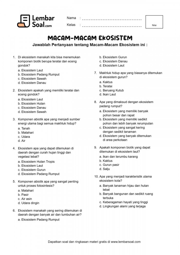 Gambar Soal Macam-Macam Ekosistem