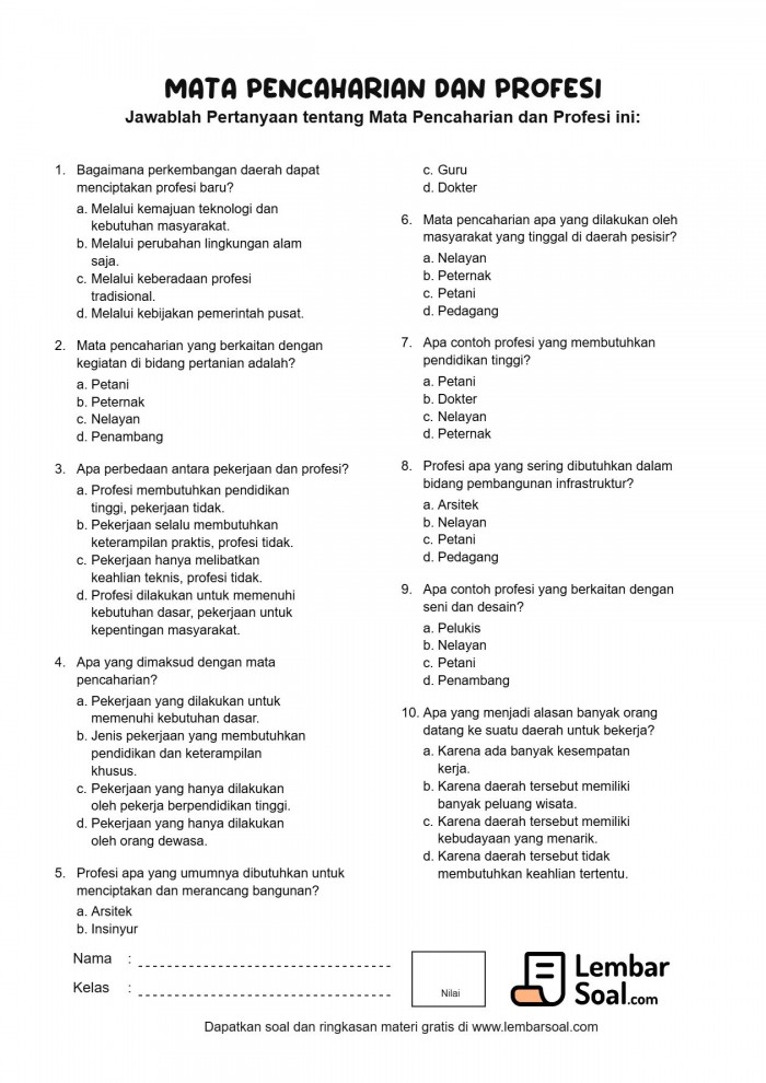 Gambar Soal Mata Pencaharian dan Profesi