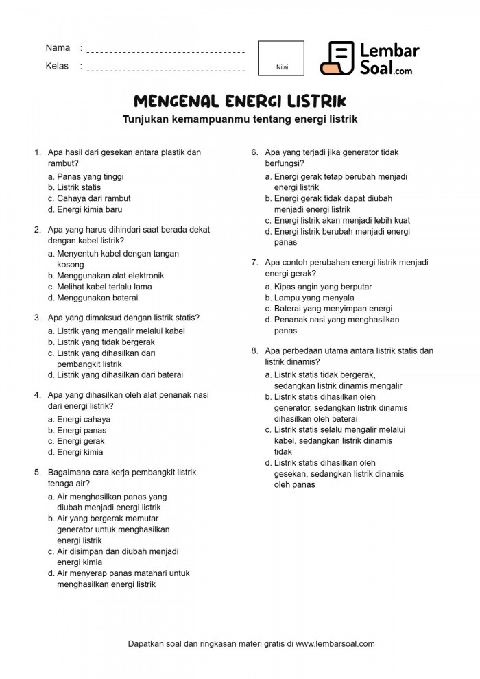 Gambar Soal Mengenal Energi Listrik