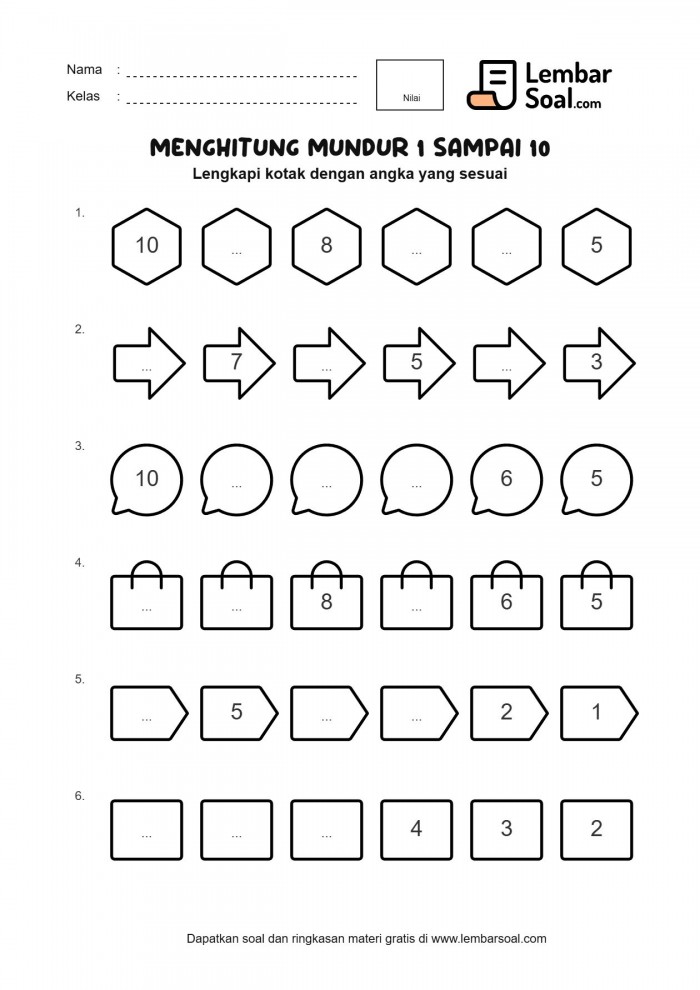 Soal Menghitung Mundur Angka 1 Sampai 10 Soal Menghitung Mundur Angka 1 Sampai 10