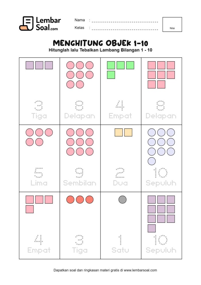 Gambar Soal Menghitung Objek dan Menebalkan Angka 1-10