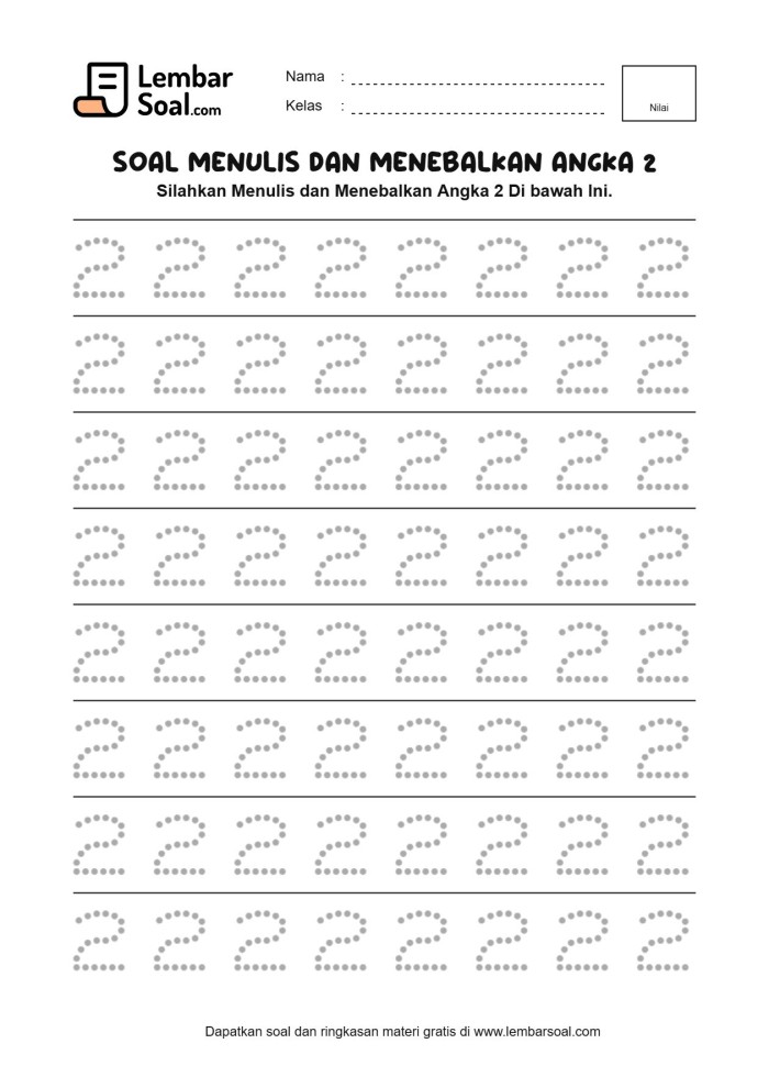 Gambar Soal Menulis dan Menebalkan Angka 2