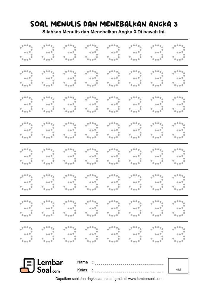 Gambar Soal Menulis dan Menebalkan Angka 3