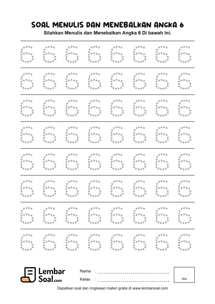 Gambar Soal Menulis dan Menebalkan Angka 6