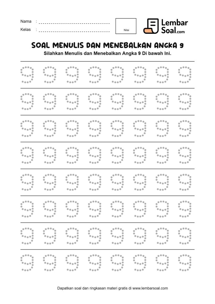 Gambar Soal Menulis dan Menebalkan Angka 9