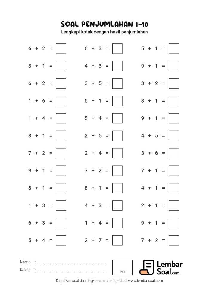 Soal Penjumlahan 1 10