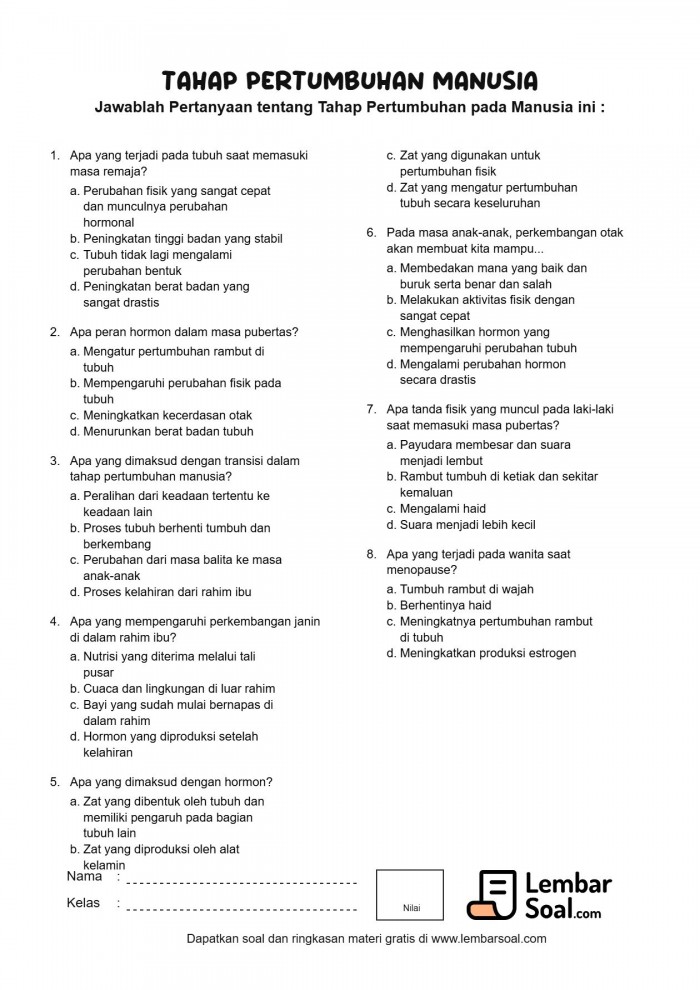 Gambar Soal Tahap Pertumbuhan pada Manusia