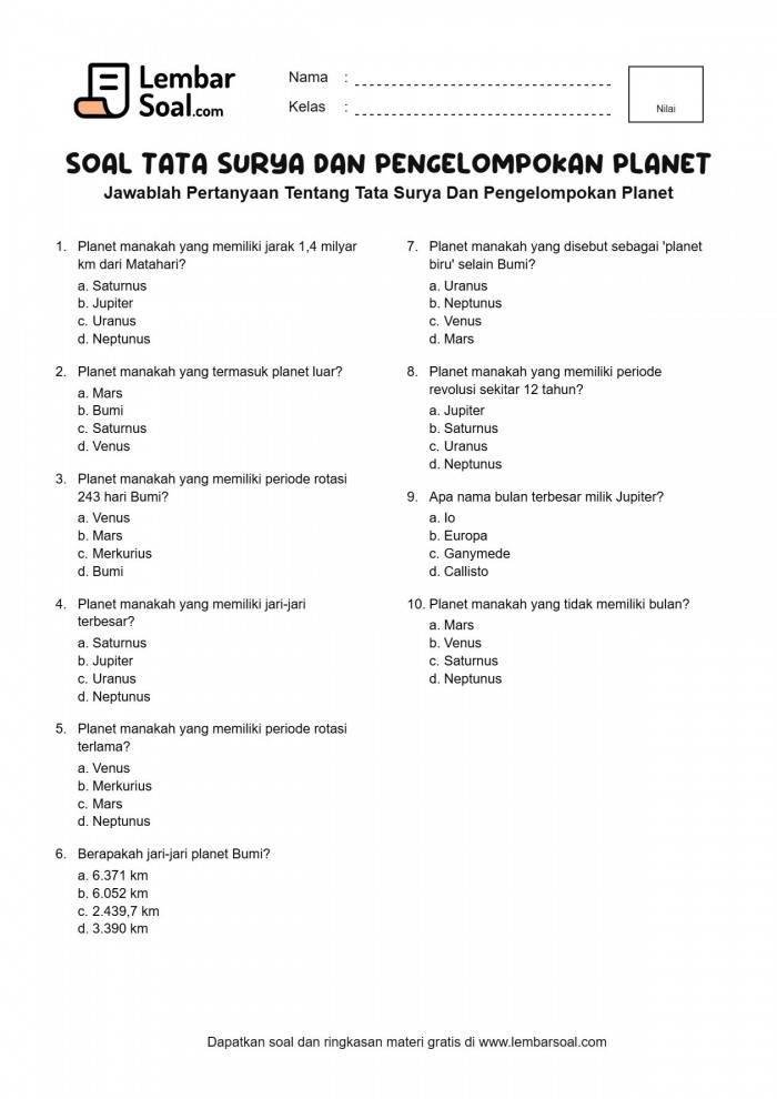 Gambar Soal Tata Surya Dan Pengelompokan Planet